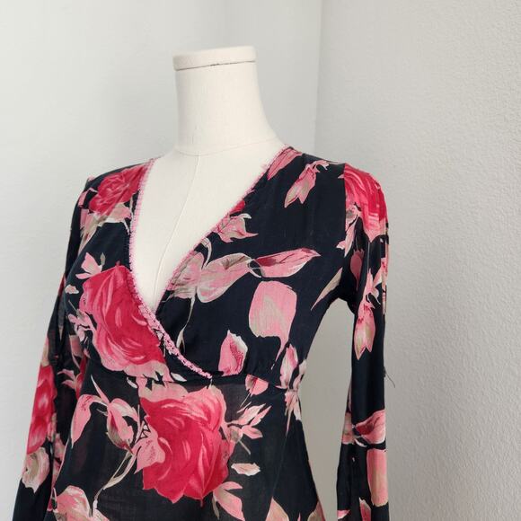 Y2K Magazine Black Pink Rose Print Wrap Tie Back Feminine Fairy Blouse Top S - Picture 3 of 10